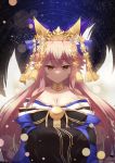  1girl animal_ears bell breasts cleavage detached_sleeves expressionless fate/extra fate/grand_order fate_(series) fox_ears fox_tail hair_ribbon highres japanese_clothes large_breasts looking_at_viewer multiple_girls pink_hair ribbon sky solo star star_(sky) starry_sky subaru_(794829485) tail tamamo_(fate)_(all) tamamo_no_mae_(fate) yellow_eyes 