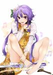  1girl bare_shoulders breasts chains flower hair_flower hair_ornament hairband highres instrument long_hair looking_at_viewer lute_(instrument) open_mouth purple_hair rihito_(usazukin) smile solo toes touhou tsukumo_benben twintails violet_eyes 