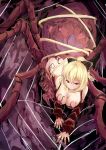  1girl :3 ass bare_shoulders black_bow blonde_hair bow breasts cleavage detached_sleeves ging1993 hair_between_eyes hair_bow highres insect_girl kurodani_yamame large_breasts light_smile looking_at_viewer monster_girl ponytail red_eyes silk solo spider_girl spider_web touhou 