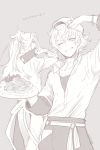  2boys alternate_costume arm_up bracelet feather_(granblue_fantasy) granblue_fantasy grey_background grin gucha_(netsu) hat high_ponytail jewelry long_hair looking_at_viewer male_focus monochrome multiple_boys open_collar plate randall_(granblue_fantasy) short_hair simple_background smile 