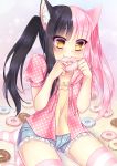  1girl :3 absurdres animal_ears black_hair blush cat_ears chipsy_kura commentary donut_hole_(vocaloid) doughnut eating eyebrows_visible_through_hair eyes_visible_through_hair food highres long_hair multicolored_hair original pink_hair pink_shirt polka_dot polka_dot_shirt shirt short_shorts shorts solo striped striped_legwear thigh-highs twintails two-tone_hair yellow_eyes 