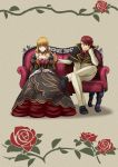  1boy 1girl absurdres artist_request bangs beatrice blue_eyes blunt_bangs cape choker collarbone couch dress formal hair_down hand_in_another&#039;s_hair highres legs_crossed long_hair looking_at_another necktie official_art red_shirt redhead shirt sitting smile suit umineko_no_naku_koro_ni ushiromiya_battler wavy_hair 