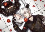  1boy 1girl amputee black_dress blue_eyes breasts candytang442494812 choker dress flower gloves hairband long_sleeves mole mole_under_mouth nier_(series) nier_automata short_hair silver_hair smile spoilers white_hair yorha_no._2_type_b yorha_no._9_type_s 