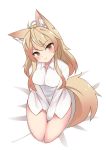  &gt;:3 1girl :3 animal_ears bed_sheet between_legs blonde_hair blush bottomless brown_eyes eyebrows_visible_through_hair fox_ears fox_tail hand_between_legs head_tilt highres kaafi long_hair long_sleeves looking_at_viewer original shirt sitting smile solo tail thighs white_shirt 