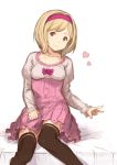  1girl black_legwear blonde_hair breasts brown_eyes collarbone commentary_request djeeta_(granblue_fantasy) dress fighter_(granblue_fantasy) granblue_fantasy hair_intakes hairband hanarito heart long_sleeves pink_dress puffy_long_sleeves puffy_sleeves short_hair simple_background sitting small_breasts smile solo thigh-highs v white_background zettai_ryouiki 