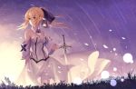  1girl bare_shoulders blonde_hair bow breasts clouds cloudy_sky detached_collar detached_sleeves dress fate/stay_night fate/unlimited_codes fate_(series) floating_hair green_eyes hair_between_eyes hair_bow hair_ornament holding holding_sword holding_weapon kote-sensei looking_away outdoors saber saber_lily sky solo standing sunlight sword twintails weapon white_dress white_legwear wind 
