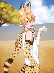  1boy animal_ears blonde_hair bow bowtie cowboy_shot elbow_gloves genderswap genderswap_(ftm) gloves grass hand_in_pocket highres kemono_friends looking_at_viewer looking_back male male_focus paw_pose savannah scarf serval_(kemono_friends) serval_ears serval_print serval_tail sleeveless smile solo tail tree yellow_eyes yoneko_(mokeke1119) 