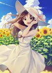  1girl :d blue_sky brown_eyes brown_hair clouds cloudy_sky condensation_trail day dress field floating_hair flower flower_field hat highres long_hair looking_at_viewer open_mouth original outdoors sky smile solo sun_hat sunflower warabimochi_kinako white_dress 