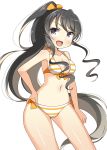  1girl :d alternate_hairstyle artist_name bikini bikini_bottom bikini_top black_hair blue_eyes blush breasts commentary_request eyebrows_visible_through_hair fang hair_ornament hair_ribbon hand_on_hip kankitsunabe_(citrus) kantai_collection large_breasts long_hair looking_to_the_side medium_breasts multicolored_hair naganami_(kantai_collection) navel open_mouth pink_hair ponytail ribbon simple_background smile solo striped striped_bikini swimsuit twitter_username very_long_hair white_background 