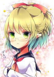  1girl alternate_costume bespectacled crossed_arms glasses gradient_hair green_eyes green_hair highres mizuhashi_parsee multicolored multicolored_eyes multicolored_hair neckerchief pointy_ears ponytail school_uniform serafuku short_hair solo touhou uniform uta_(kuroneko) 