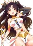  1girl :d arm armlet asymmetrical_sleeves bangs bare_arms bare_shoulders black_detached_sleeves black_hair black_ribbon blush breasts clearite crown detached_sleeves earrings fate/grand_order fate_(series) female gem hair_ribbon hand_in_hair highres hips holding holding_sword holding_weapon hoop_earrings ishtar_(fate/grand_order) jewelry long_hair looking_at_viewer medium_breasts midriff neck neck_ring open_mouth red_eyes revealing_clothes ribbon round_teeth simple_background single_sleeve smile solo stomach strapless sword teeth thighlet tiara tohsaka_rin two_side_up type-moon underwear waist waist_cape weapon white_background white_panties 