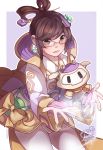  1girl alternate_costume alternate_hairstyle brown_eyes brown_hair chang&#039;e_mei chinese_clothes drone earrings eyebrows_visible_through_hair glasses hagoromo hair_rings highres jewelry mei_(overwatch) outstretched_arms overwatch sharmi1010 shawl short_hair signature snowball_(overwatch) solo yellow-framed_eyewear 