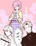  1girl 2boys adapted_costume alternate_costume black_hair blue_eyes blush commentary_request dress fate/grand_order fate_(series) father_and_daughter fujikiti fujimaru_ritsuka_(male) glasses hair_over_one_eye lancelot_(fate/grand_order) multiple_boys plaid plaid_dress purple_hair shielder_(fate/grand_order) short_hair smile translation_request violet_eyes 
