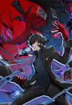  1boy arsene_(persona_5) black_hair chains fire gloves hat kurusu_akira looking_at_viewer male_focus mask persona persona_5 short_hair smile solo top_hat wings 