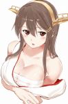  1girl breasts brown_eyes brown_hair cleavage collarbone commentary_request erect_nipples hair_between_eyes hair_ornament hair_over_shoulder hairclip haruna_(kantai_collection) headgear kantai_collection large_breasts long_hair looking_at_viewer nontraditional_miko off_shoulder open_mouth poco_(backboa) sarashi simple_background solo upper_body white_background 