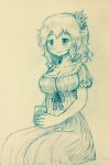  1girl aki_shizuha arinu blush commentary commentary_request cup dress highres short_hair sleepwear smile solo touhou 