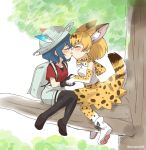  2girls animal_ears animal_print ankle_boots backpack bag blue_hair blush boots bow bowtie closed_eyes eromame feathers gloves hand_holding hat in_tree kaban_(kemono_friends) kemono_friends kemonomimi_mode kiss loafers multiple_girls pantyhose pantyhose_under_shorts paw_shoes print_bowtie print_gloves print_legwear print_skirt serval_(kemono_friends) serval_ears serval_print serval_tail shoes short_hair shorts skirt tail thigh-highs tree yuri 