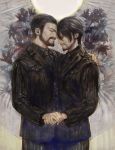  2boys beard black_hair closed_eyes facial_hair father_and_son final_fantasy final_fantasy_xv flower formal hand_holding hand_on_another&#039;s_shoulder machiko_(xxmachixx) male_focus multiple_boys noctis_lucis_caelum older pinstripe_pattern pinstripe_suit spoilers striped suit time_paradox younger 