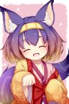  1girl :d animal_ears blonde_hair closed_eyes facing_viewer fangs floral_print fox_ears fox_tail gradient_hair hairband hatsuse_izuna highres japanese_clothes kimono multicolored_hair no_game_no_life open_mouth paw_pose psychopath_idiot purple_hair short_hair sleeves_past_wrists smile solo tail two-tone_hair wide_sleeves 