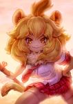 animal_ears blonde_hair breasts fang kemono_friends lion_(kemono_friends) lion_ears medium_breasts miniskirt skirt tail weapon_request yellow_eyes