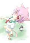  1girl animal_ears blush cat cat_ears cat_tail commentary_request from_above grass highres kantai_collection kemonomimi_mode leaning_back looking_at_viewer looking_up neckerchief paw_pose peko_pekon pink_hair red_eyes red_neckerchief sandals school_uniform serafuku short_hair short_sleeves shorts slit_pupils solo tail tama_(kantai_collection) twitter_username 
