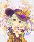  1girl bad_id bad_twitter_id bow cheong_ha commentary commentary_request covered_mouth floral_background flower green_eyes green_hair hat hat_bow heart komeiji_koishi long_sleeves looking_at_viewer shirt solo string third_eye touhou upper_body wide_sleeves 