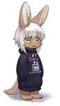  1other absurdres androgynous animal_ears artist_name black_hoodie clothes_writing eyebrows_visible_through_hair full_body furry highres hood hoodie long_sleeves looking_away made_in_abyss nanachi_(made_in_abyss) parted_lips pocketbee short_hair sleeves_past_wrists smile standing tail twitter_username whiskers white_hair yellow_eyes 