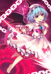  &gt;:d 1girl :d ascot barefoot bat_wings blue_hair blush bow fang frilled_shirt frilled_shirt_collar frilled_sleeves frills from_side full_body hat hat_ribbon looking_at_viewer looking_to_the_side magic_circle mob_cap open_mouth puffy_short_sleeves puffy_sleeves red_bow red_eyes red_ribbon remilia_scarlet ribbon ruhika sash shirt short_hair short_sleeves skirt skirt_set smile solo spear_the_gungnir touhou wings wrist_cuffs 