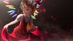  1girl ascot blonde_hair fangs flandre_scarlet hat hat_ribbon highres lifted_by_self looking_at_viewer mob_cap open_mouth puffy_short_sleeves puffy_sleeves red_eyes red_ribbon ribbon short_sleeves skirt skirt_lift skirt_set solo touhou vest wings 