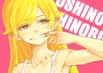  1girl bionekojita blonde_hair character_name collarbone fang long_hair monogatari_(series) oshino_shinobu pink_background simple_background sketch solo teeth upper_body yellow_eyes 