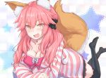  1girl :d animal_ears black_legwear blush breasts cleavage collarbone fang fate/extra fate_(series) fox_ears fox_tail hair_ornament hair_scrunchie large_breasts long_hair looking_at_viewer lying maru_(maru1625) no_shoes on_stomach open_mouth pink_hair revision scrunchie smile solo striped_hoodie tail tamamo_(fate)_(all) tamamo_no_mae_(fate) thigh-highs yellow_eyes 