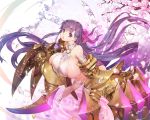  1girl bare_shoulders branch breasts cherry_blossoms claws cleavage fate/extra fate/extra_ccc fate_(series) hair_ribbon huge_breasts khanshin leaning_forward lips long_hair looking_at_viewer o-ring_top open_mouth oversized_object passion_lip purple_hair ribbon ripples shiny shiny_skin sideboob skindentation thigh-highs thighs very_long_hair violet_eyes white_legwear 