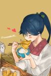  blue_hair cat chopsticks closed_eyes eating fish houshou_(kantai_collection) japanese_clothes kantai_collection kappougi kimono namaashi_(namaashi999) namaashi_(user_fuga4235) official_art ponytail rice rice_bowl 