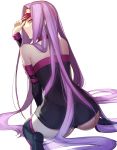  1girl ass blindfold boots collar dress elbow_gloves facial_mark fate/stay_night fate_(series) forehead_mark gloves long_hair panties purple_hair rider shinooji sitting sleeveless solo strapless strapless_dress thigh-highs thigh_boots underwear very_long_hair violet_eyes wariza 