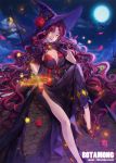  1girl bosack breasts cape cleavage copyright_name dress flower full_moon gloves hat large_breasts long_hair looking_at_viewer mage magic_circle moon night purple_hair red_rose rooftop rose smile solo very_long_hair wand wavy_hair witch_hat yellow_eyes 