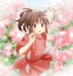  1girl brown_eyes brown_hair floral_background flower fujisaki_yuu_(faint_wistaria) japanese_clothes ogino_chihiro open_mouth ponytail sen_to_chihiro_no_kamikakushi solo 