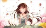  1girl absurdres backlighting bangs blurry blush brown_hair closed_eyes collarbone daisy depth_of_field dress facing_viewer flower hands_on_own_chest highres long_hair original outdoors own_hands_together petals rougetsu smile solo sundress swept_bangs twitter_username upper_body wind 