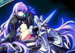  &gt;:/ 1girl :/ armor armored_boots baba_(baba_seimaijo) bangs blue_eyes boots closed_mouth fate/extra fate/extra_ccc fate/grand_order fate_(series) hair_ribbon highres juliet_sleeves long_hair long_sleeves looking_at_viewer meltlilith midriff navel puffy_sleeves purple_hair revealing_clothes ribbon sitting solo stomach very_long_hair 