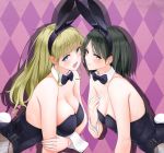  2girls animal_ears argyle argyle_background arm arm_grab bare_arms bare_shoulders black_bow black_bowtie black_hair blonde_hair blue_eyes blush bow bowtie breast_hold breasts brown_eyes bunny_girl bunny_tail bunnysuit cleavage closed_mouth cowboy_shot detached_collar fake_animal_ears female fishnet_pantyhose fishnets giba_(out-low) hand_on_own_chest highres large_breasts lavender_background leaning leaning_forward leotard lips long_hair looking_at_viewer multiple_girls neck open_mouth original pantyhose purple_background rabbit_ears short_hair side-tie_leotard small_breasts strapless strapless_leotard tail wrist_cuffs 