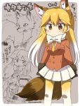  1girl animal_ears blonde_hair bow bowtie brown_eyes eromame eyebrows_visible_through_hair ezo_red_fox_(kemono_friends) fox fox_ears fox_tail kemono_friends long_hair looking_at_viewer multicolored_hair necktie orange_necktie skirt solo tail translation_request twitter_username two-tone_hair white_bow white_bowtie white_hair white_skirt 