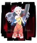  1girl bare_shoulders breasts collarbone detached_sleeves dress grey_hair hatchet highres jumping multicolored multicolored_clothes multicolored_dress o_(crazyoton46) oriental_hatchet red_eyes sakata_nemuno short_dress single_strap small_breasts solo touhou 