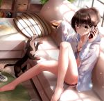  1girl absurdres animal bangs bare_legs barefoot blush book bra breasts brown_eyes brown_hair carpet cleavage collarbone commentary_request couch cup dachshund day dog eyebrows_visible_through_hair from_side fuu_(fuore) hair_between_eyes hair_ornament hairclip highres holding holding_cup holding_phone hood hood_down hoodie indoors knee_up light_particles living_room long_sleeves looking_at_viewer looking_to_the_side on_couch open_clothes open_hoodie open_mouth original panties phone pillow plant potted_plant revision shelf short_ponytail sitting slippers slippers_removed small_breasts solo striped_pillow sunlight tareme underwear white_bra white_panties window 
