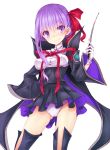  1girl baton bb_(fate/extra_ccc) black_dress black_legwear bow cape cowboy_shot dress fate/extra fate/extra_ccc fate/grand_order fate_(series) hair_bow hand_on_hip korican long_hair looking_at_viewer panties pantyshot purple_hair red_bow smile solo thigh-highs underwear violet_eyes white_panties 