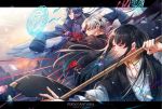  3boys black_gloves black_hair black_headband blue_eyes blue_hair copyright_name croix_dia_doll day earrings eyepatch fighting_stance gloves hair_between_eyes headband highres holding holding_staff jewelry kimberly_(pixiv_fantasia_age_of_starlight) long_hair magic_circle male_focus multiple_boys oliver_(pixiv_fantasia_age_of_starlight) outdoors pixiv_fantasia pixiv_fantasia_age_of_starlight red_eyes silver_hair sleeves_past_fingers sleeves_past_wrists staff wings yorukage 