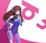  1girl 2017 acronym alternate_eye_color animal_print artist_name bangs blue_bodysuit blue_eyes blunt_bangs bodysuit boots bracer breasts breasts_apart brown_hair bunny_print charm_(object) closed_mouth covered_navel cowboy_shot d.va_(overwatch) dated eyelashes facepaint facial_mark finger_to_cheek gloves gun hand_on_hip hand_up handgun headphones highres holding holding_gun holding_weapon index_finger_raised legs_apart long_hair looking_at_viewer medium_breasts overwatch pauldrons pilot_suit pink_lips qc_pan ribbed_bodysuit shoulder_pads skin_tight smile solo standing thigh-highs thigh_boots thigh_strap turtleneck weapon whisker_markings white_boots white_gloves 