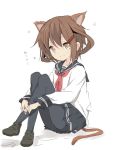  1girl animal_ears brown_eyes brown_hair cat_ears cat_tail commentary core_(mayomayo) hair_ornament hairclip ikazuchi_(kantai_collection) kantai_collection kemonomimi_mode legs_crossed neckerchief pantyhose pleated_skirt school_uniform serafuku short_hair sitting_on_ground sketch skirt smile solo tail translated 