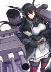  1girl black_hair bodysuit boushi-ya breasts crossed_arms from_above hair_between_eyes headgear highres jacket kantai_collection large_breasts long_hair looking_at_viewer midriff miniskirt nagato_(kantai_collection) pleated_skirt red_legwear remodel_(kantai_collection) rigging simple_background skirt smile smokestack solo thigh-highs turret white_background white_skirt yellow_eyes 