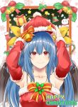  1girl absurdres adjusting_clothes adjusting_hat akagane_u alternate_costume armpits bangs bell black_wings blue_hair blush bow bowtie box breasts christmas christmas_ornaments closed_mouth collarbone detached_sleeves dizzy fur_trim gift gift_box guilty_gear hair_between_eyes hat highres long_hair long_sleeves medium_breasts merry_christmas red_eyes santa_hat smile snowing snowman socks solo star upper_body wings 