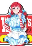  1girl blue_eyes bow braid breasts dress freckles hair_bow keikyu_(tiltedcube) large_breasts looking_at_viewer pinstripe_pattern redhead smile solo striped striped_dress striped_legwear thigh-highs twin_braids wendy&#039;s wendy_(wendy&#039;s) 