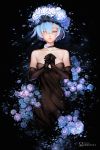  1girl bare_shoulders black_dress black_gloves blue_hair choker dress elbow_gloves flower gloves hair_flower hair_ornament hair_over_one_eye highres re:zero_kara_hajimeru_isekai_seikatsu rem_(re:zero) robot_cat short_hair solo strapless strapless_dress 